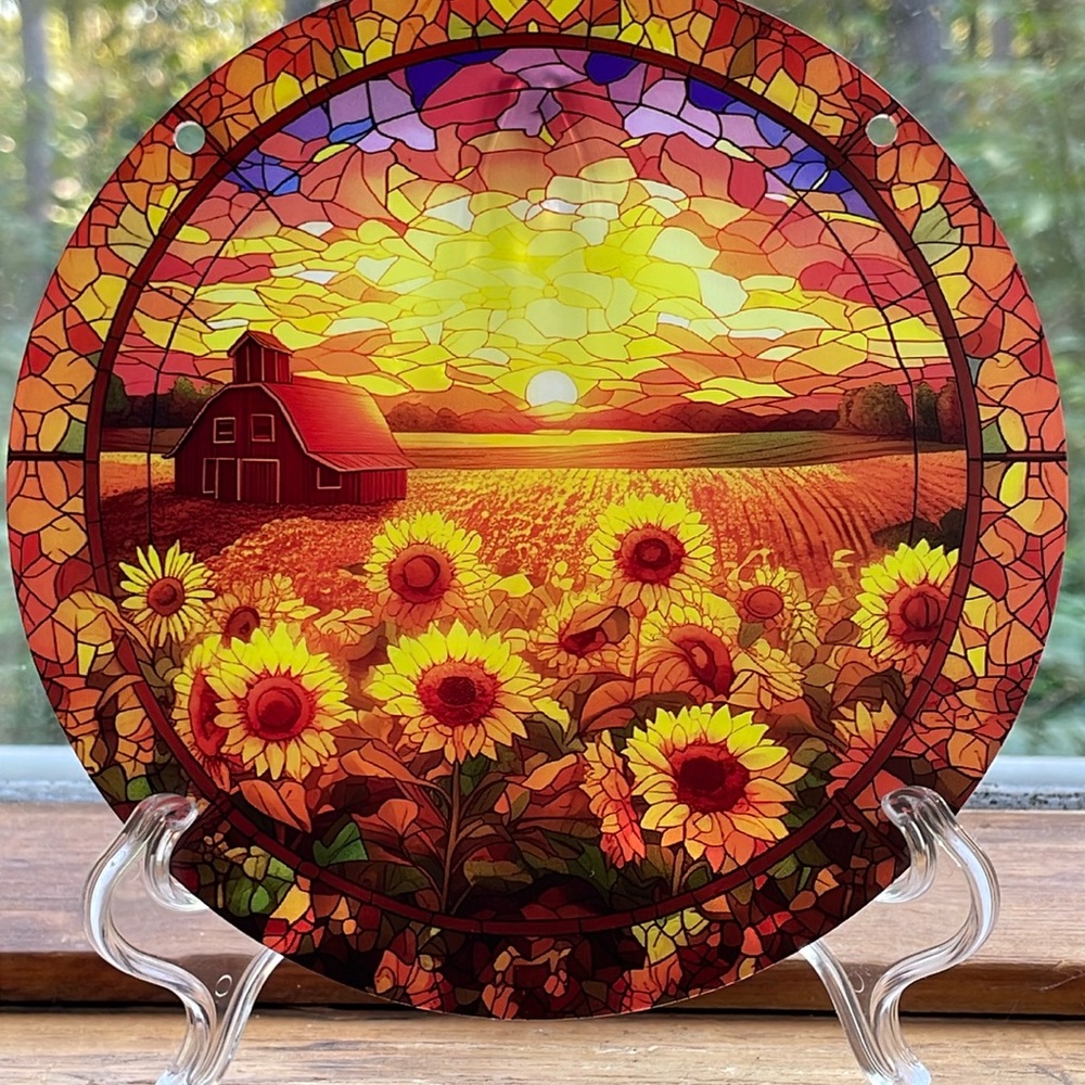 Suncatcher Sunflower Red Barn Farmhouse Fall Harvest Thanksgiving Decorative 6”
